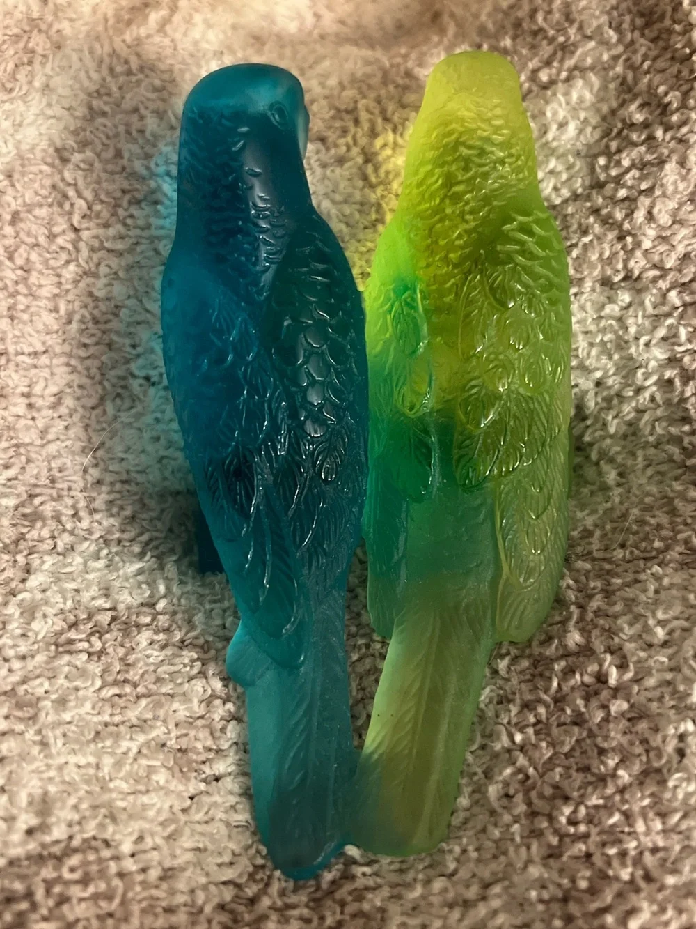 🦜Daum France Blue and Green Glass Budgerigars Couple Figurine